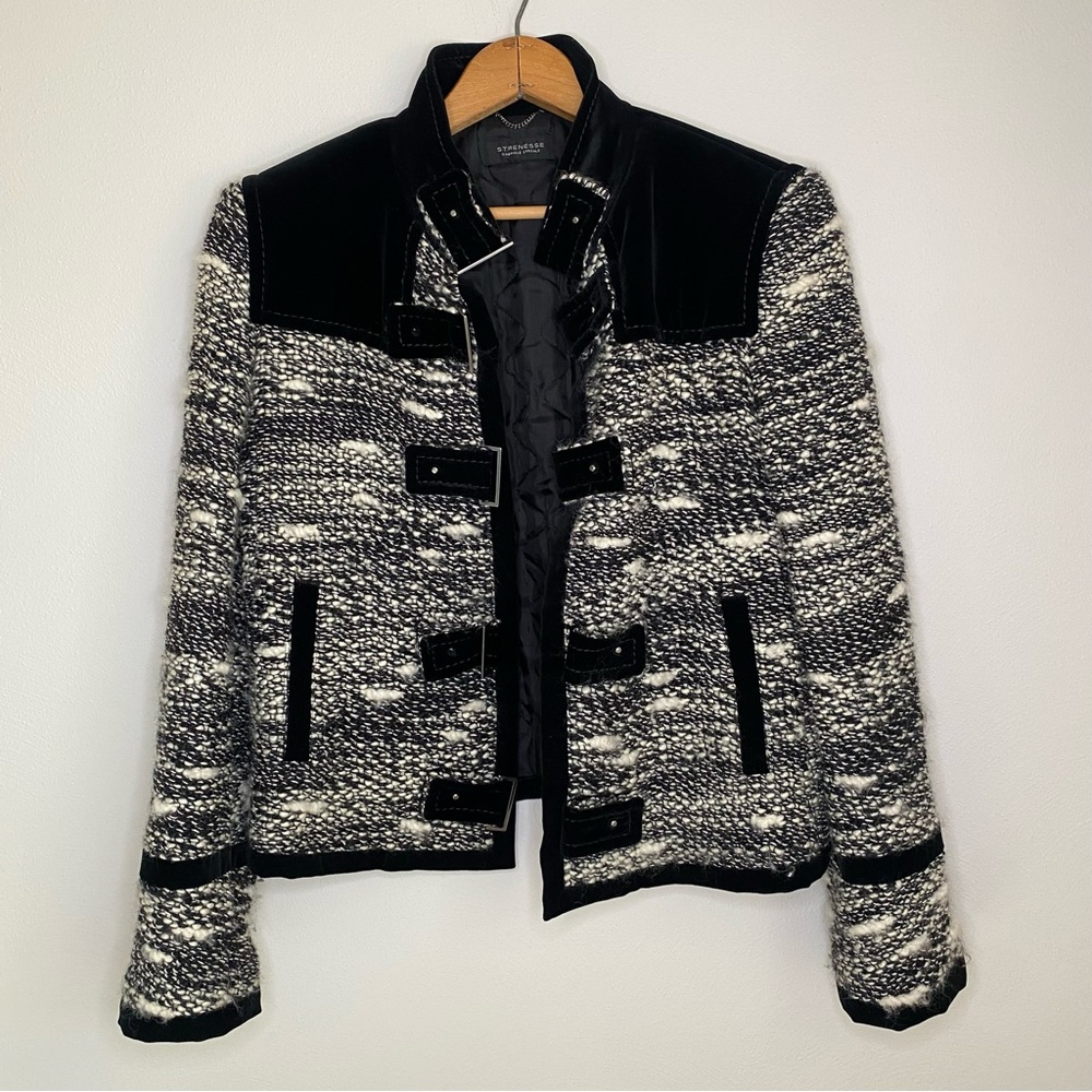 Strenesse Wool Coat Black White Gabriele Strehle Cropped Short Jacket 10 Texture